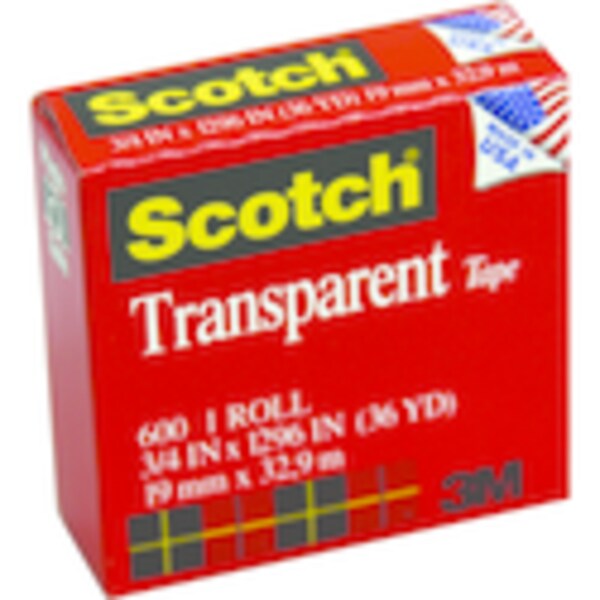 Box of Scotch Transparent Tape, 3/4 inch by 1296 inches, by 3M